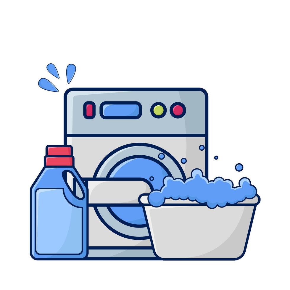 het wassen machine, fles wasmiddel met water in bassin illustratie vector