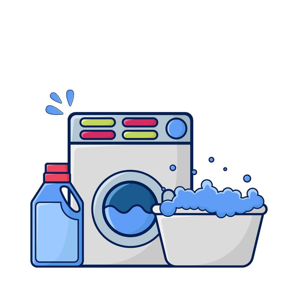 het wassen machine, fles wasmiddel met water in bassin illustratie vector
