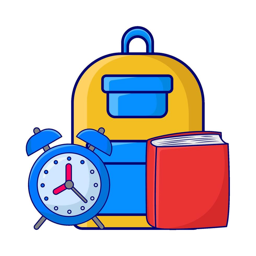 rugzak school, alarm klok tijd met boek illustratie vector