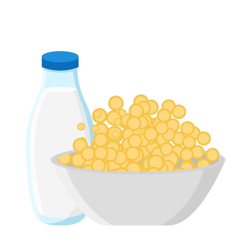 ontbijtgranen in kom met fles melk illustratie vector