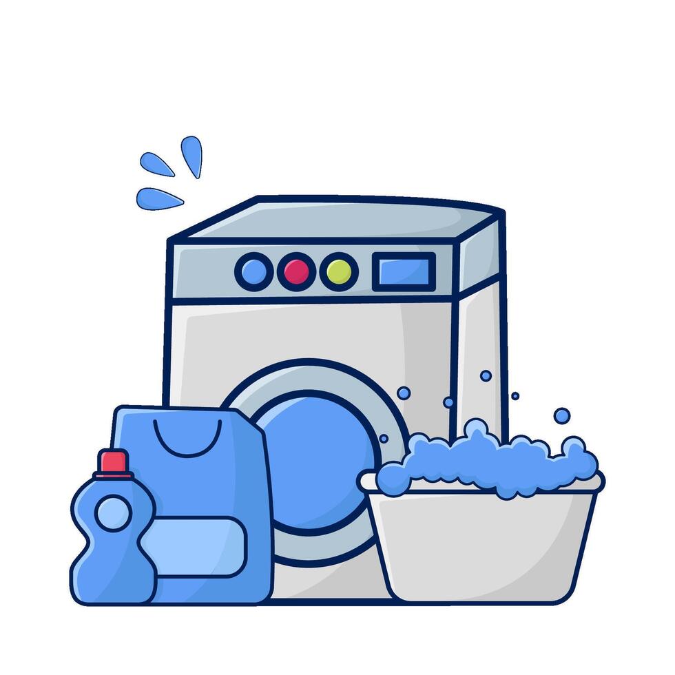 het wassen machine, fles wasmiddel met water in bassin illustratie vector