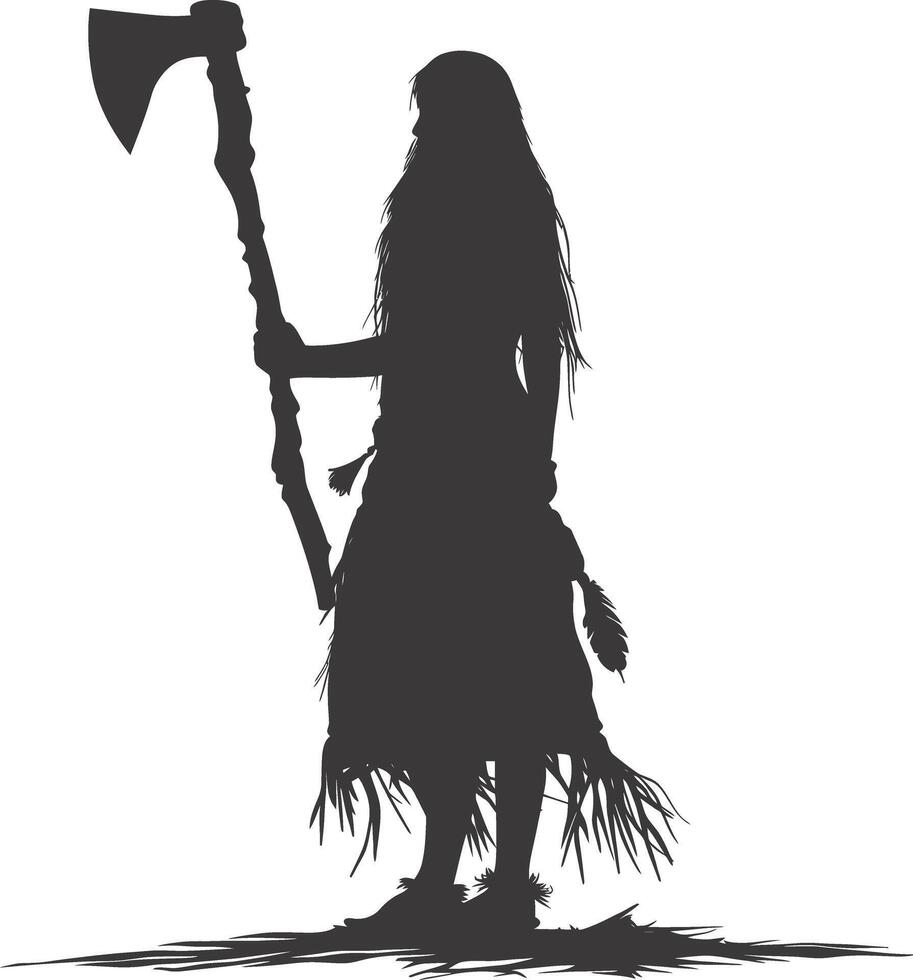 ai gegenereerd silhouet inheems Amerikaans vrouw Holding steen bijl zwart kleur enkel en alleen vol lichaam vector