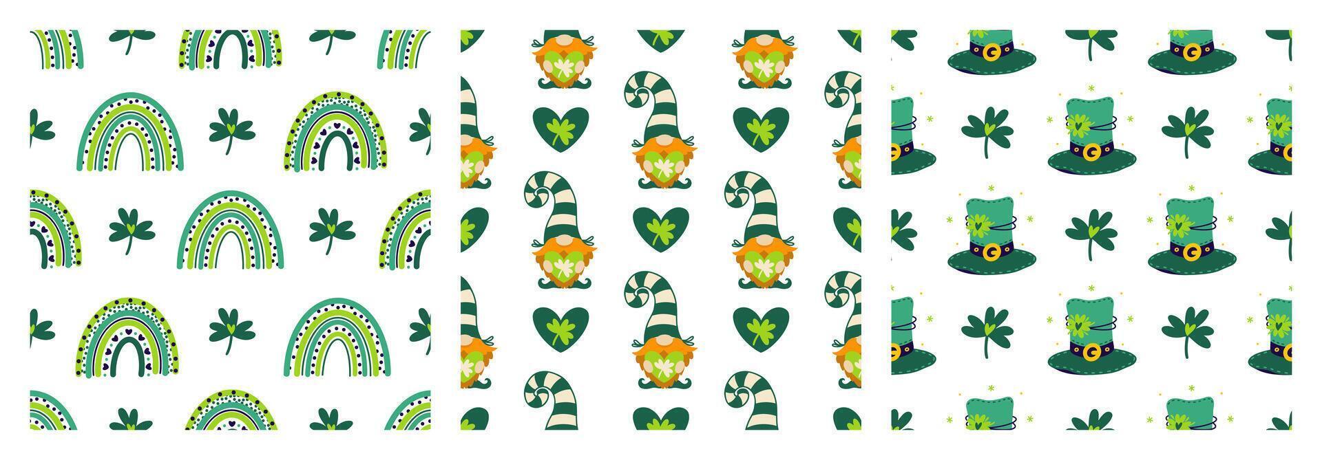 st. Patrick dag naadloos vector patronen set. feestelijk elementen - grappig kabouter, elf van Ierse folklore hoed, groen regenboog, vier blad Klaver, hart voor mooi zo geluk. vieren Iers vakantie, tekenfilm achtergronden