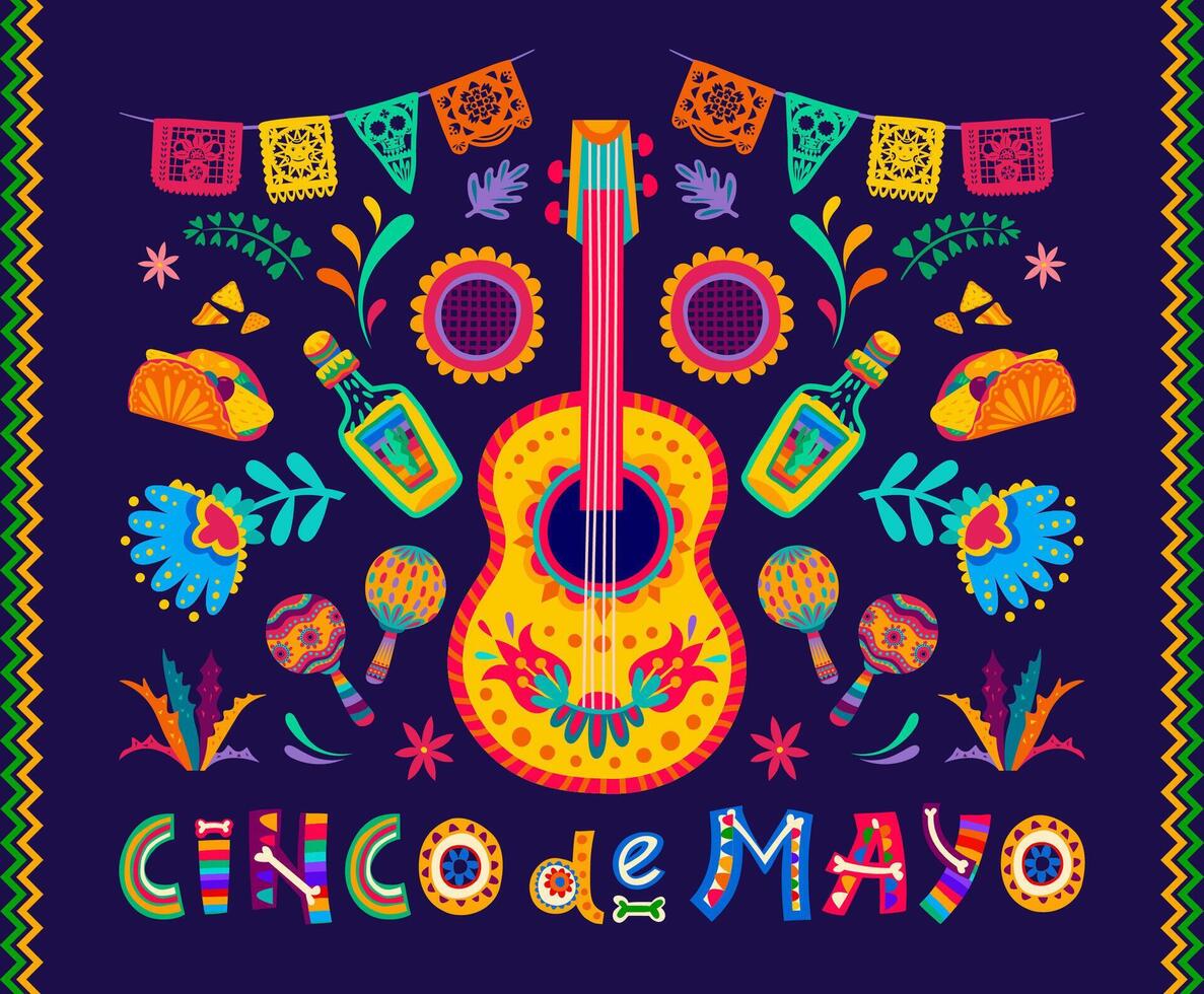 cinco de mayo banier, Mexicaans vakantie gitaar, vlag vector