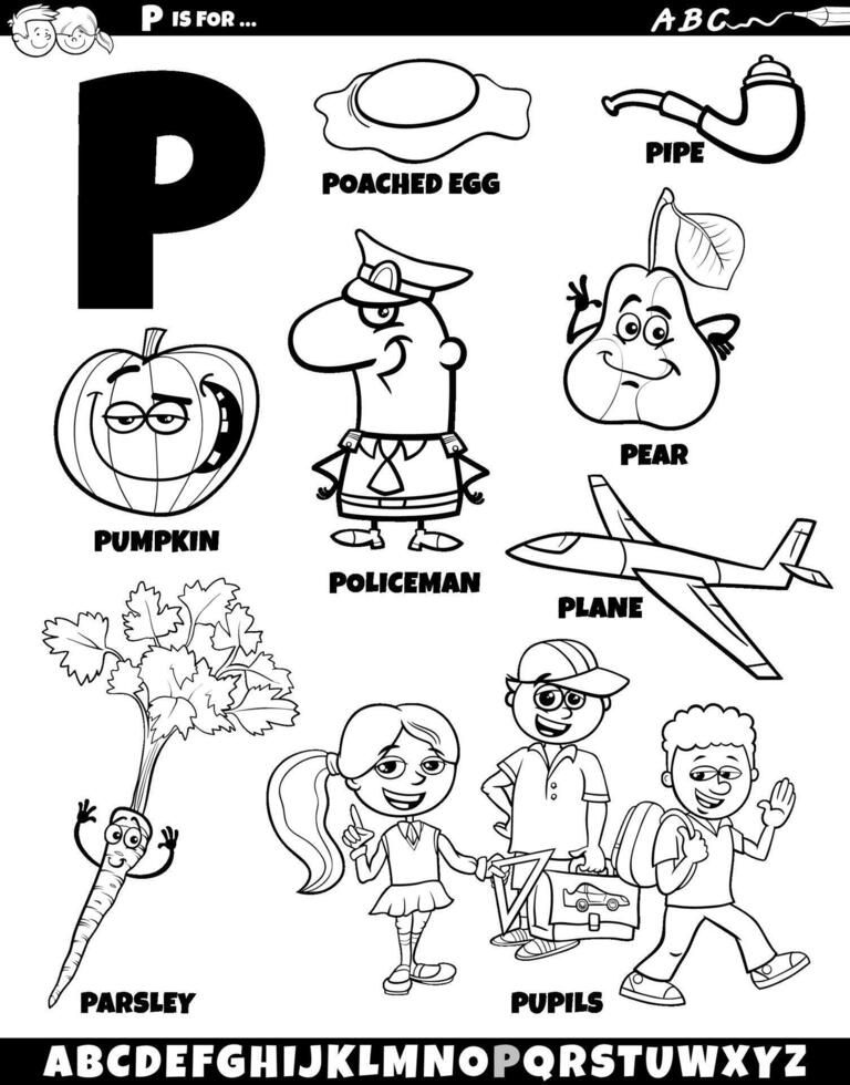 brief p reeks met tekenfilm voorwerpen en tekens kleur bladzijde vector