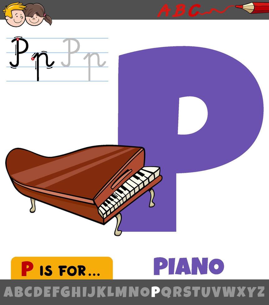 brief p van alfabet met tekenfilm piano musical instrument vector