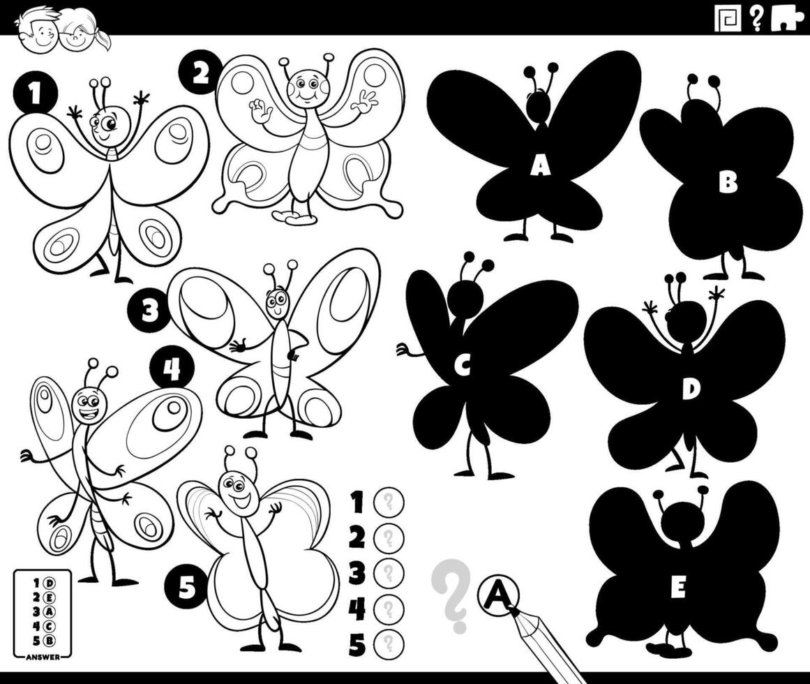 schaduwen werkzaamheid met tekenfilm vlinders tekens kleur bladzijde vector