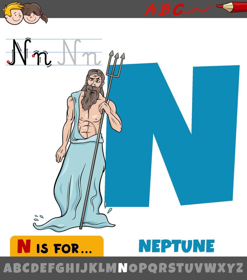 brief n van alfabet met tekenfilm Neptunus Romeins god vector