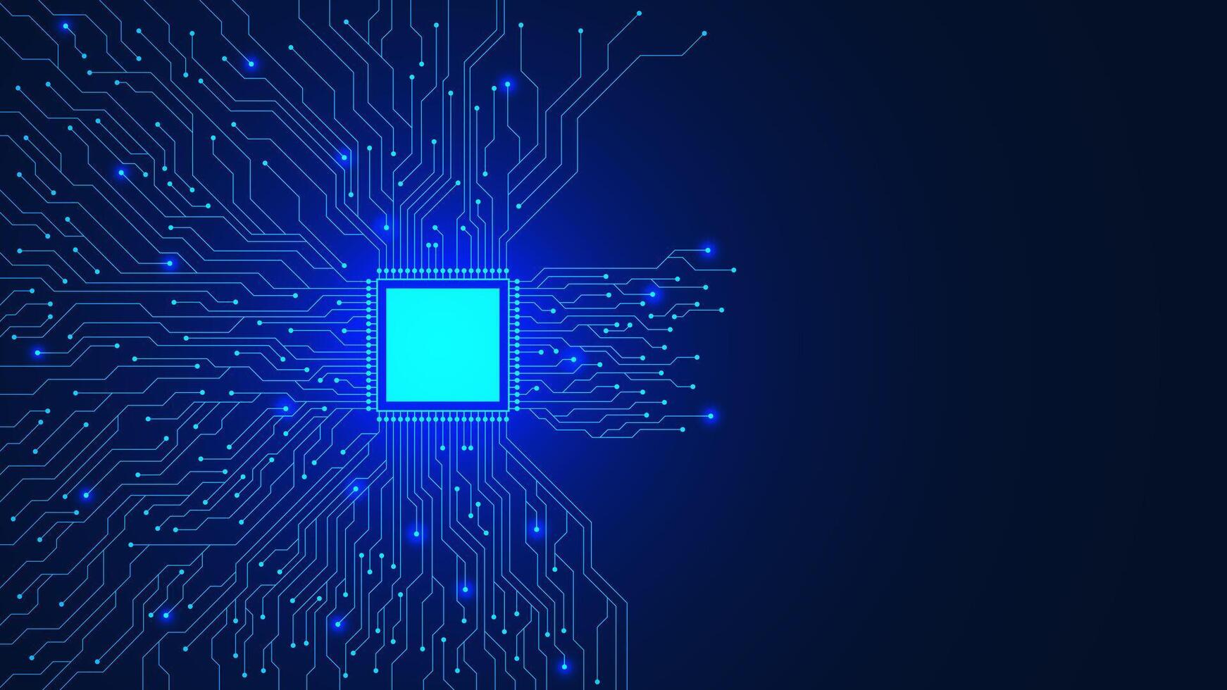 microchip met elektronisch stroomkring bord Aan donker blauw achtergrond. centraal computer verwerkers CPU en moederbord digitaal spaander ontwerp concept. vector illustratie.