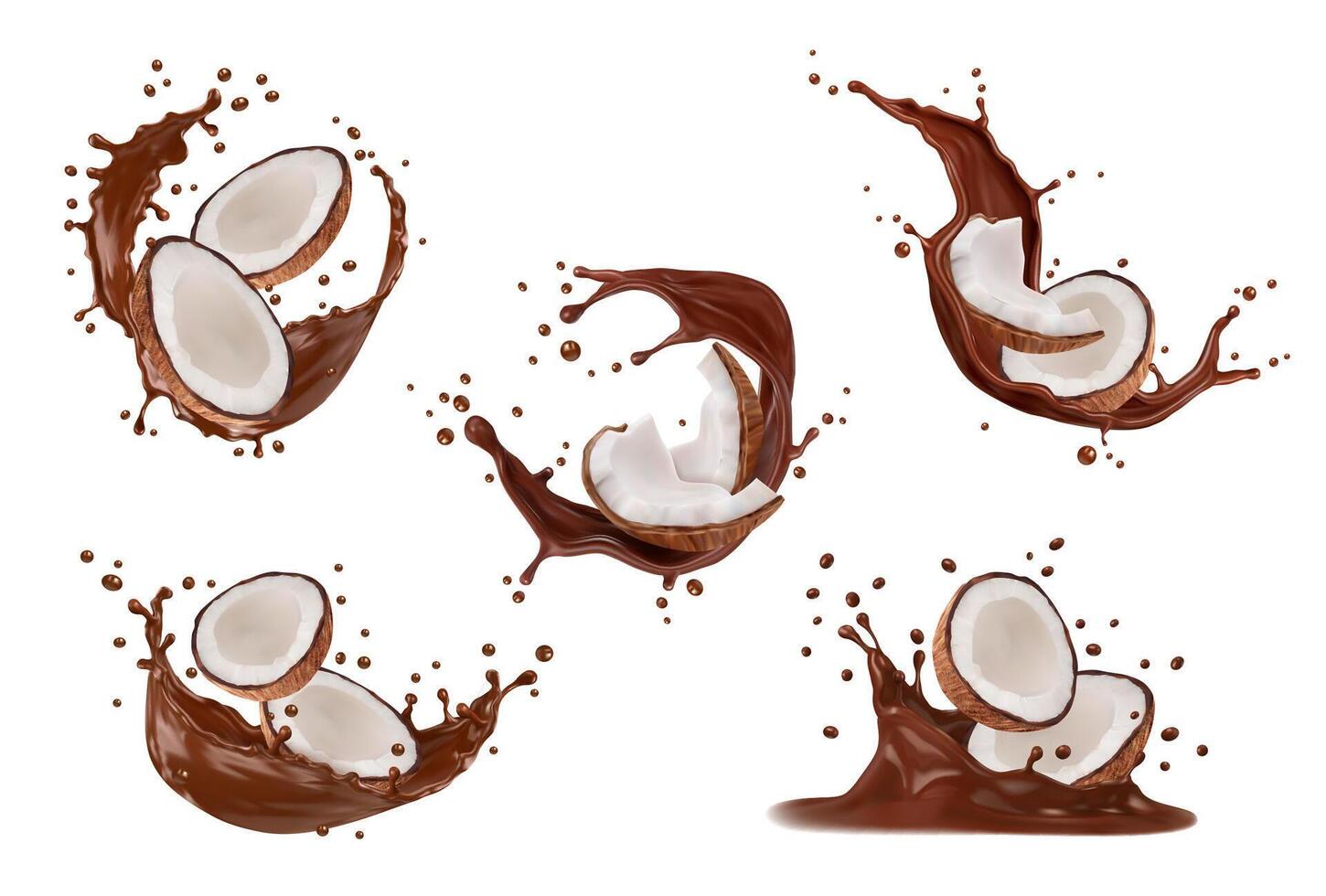 realistisch chocola melk spatten met kokosnoot vector