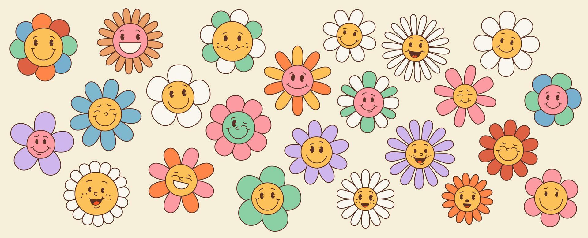 retro groovy madeliefje zonnebloem, schattig gelukkig bloemen vector