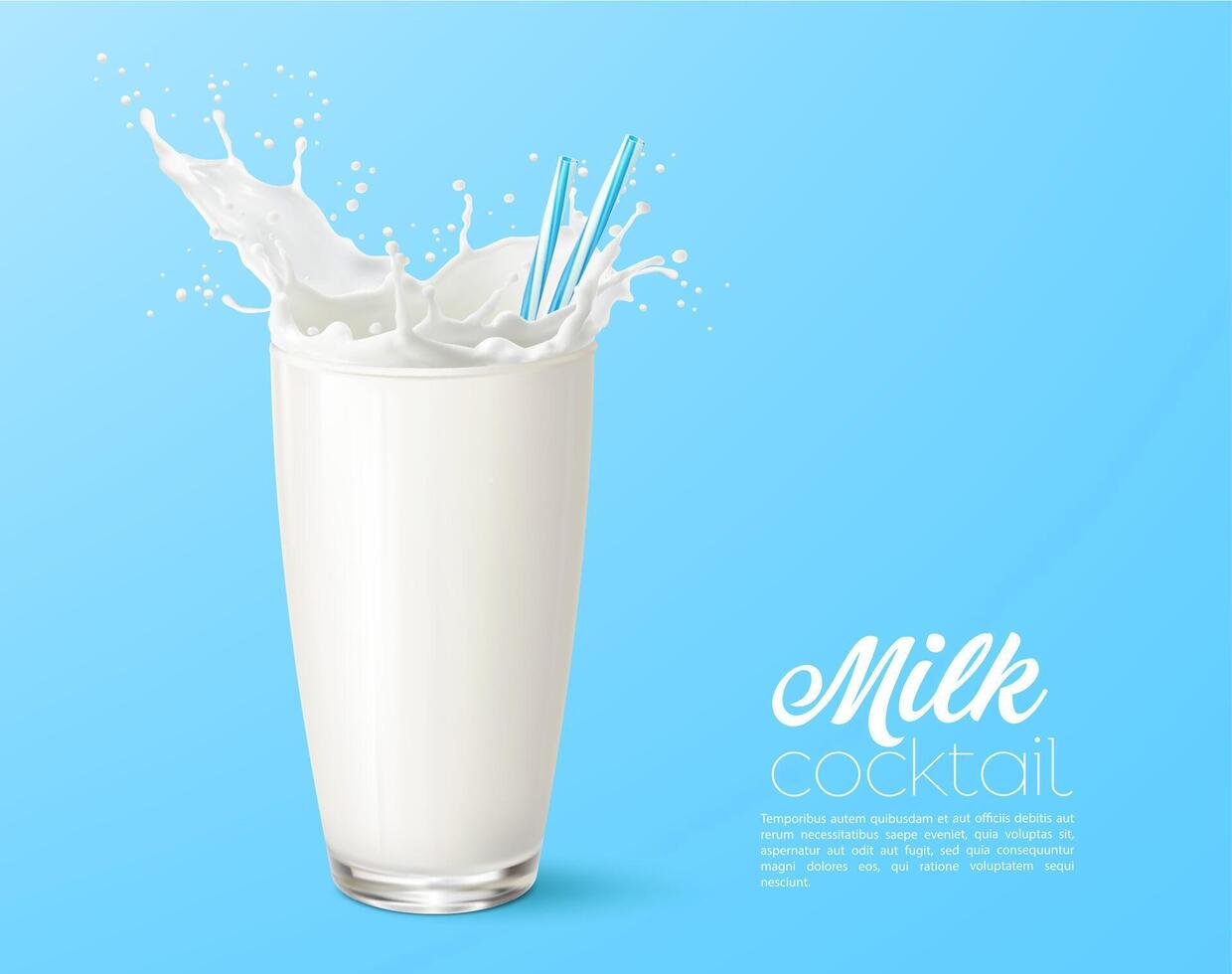realistisch melk milkshake glas met rietje plons vector
