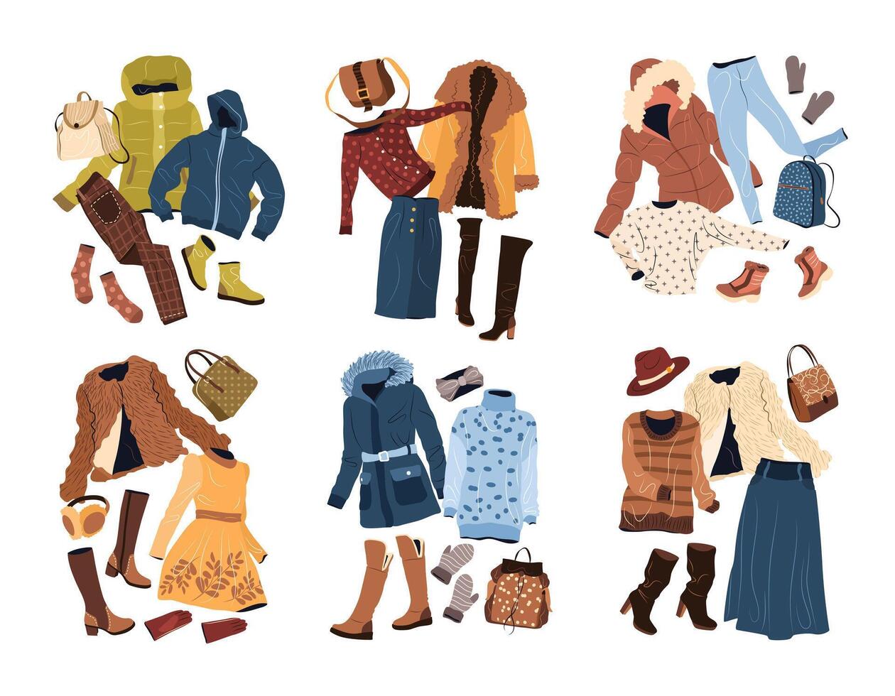 outfits reeks in gewoontjes stijl voor Dames. mode vrouw kleding, accessoires, kleding, kleding, Tassen, hoeden, schoenen voor vallen en winter. geïsoleerd vlak vector illustraties Aan wit achtergrond. klem kunst.