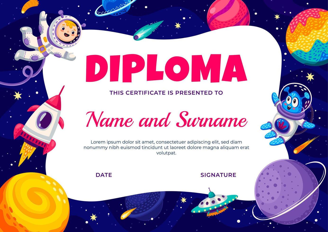 astronaut diploma met kind ruimtevaarder, ruimte planeten vector