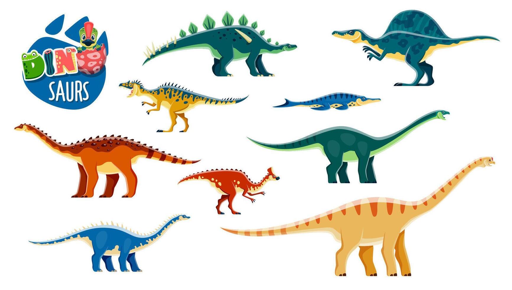 tekenfilm dinosaurus, uitgestorven reptiel tekens vector