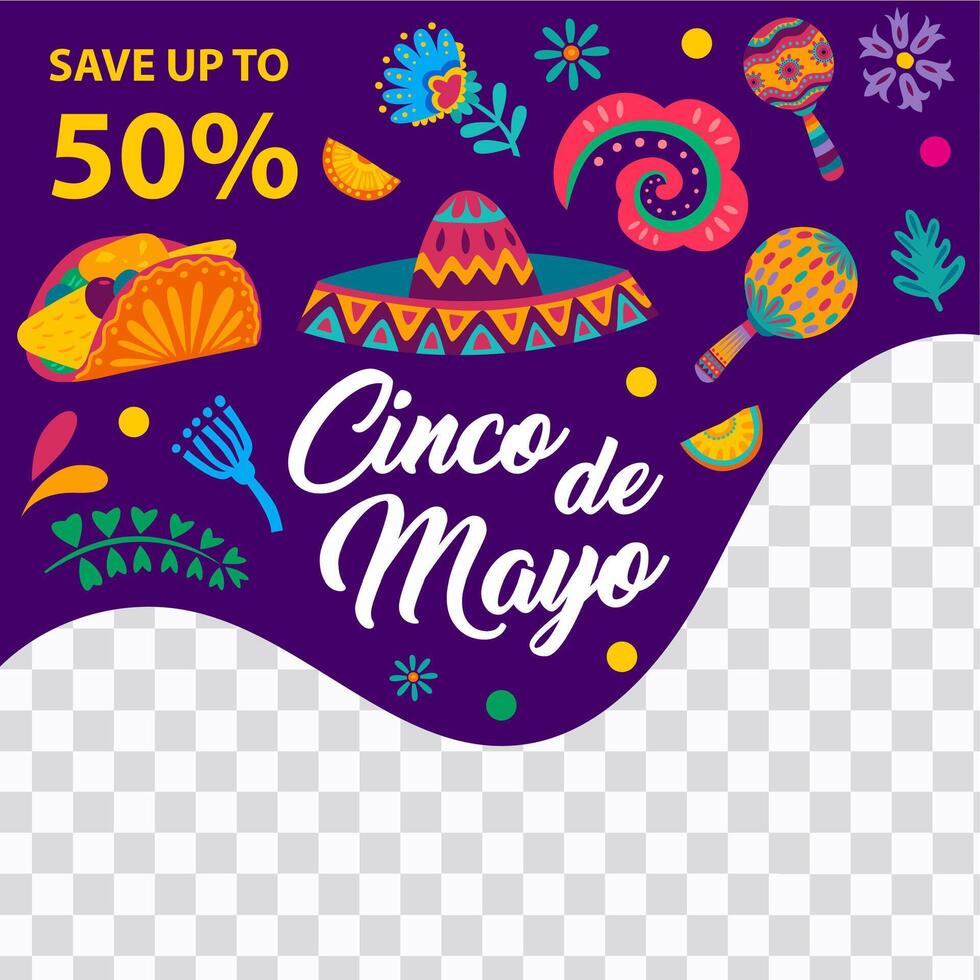 cinco de mayo uitverkoop aanbod banier, sombrero, bloemen vector