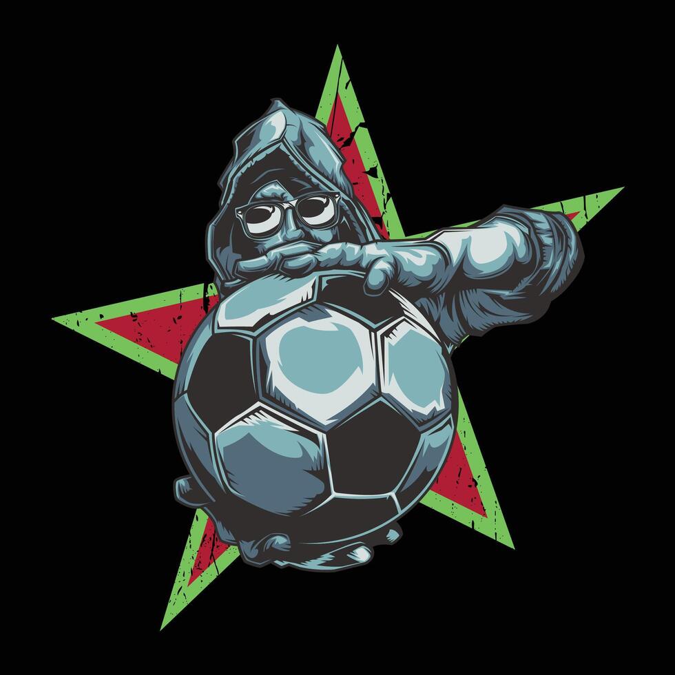 een voetbal bal met een met een kap figuur Holding het. vector