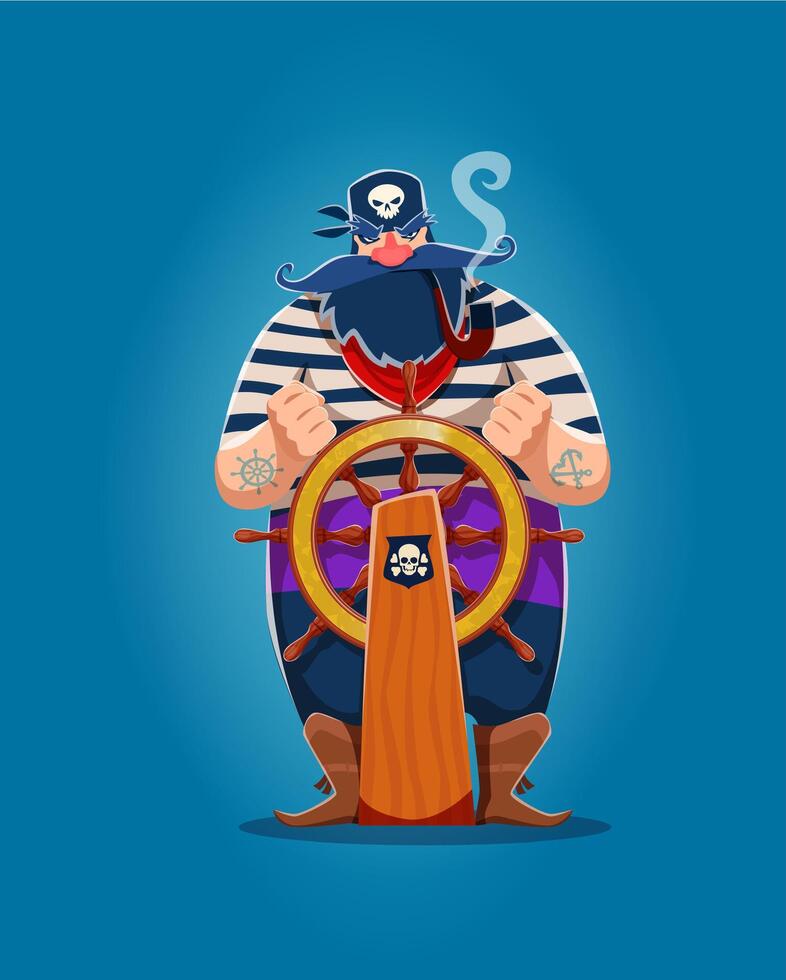 tekenfilm piraat met stuurinrichting wiel, roken pijp vector