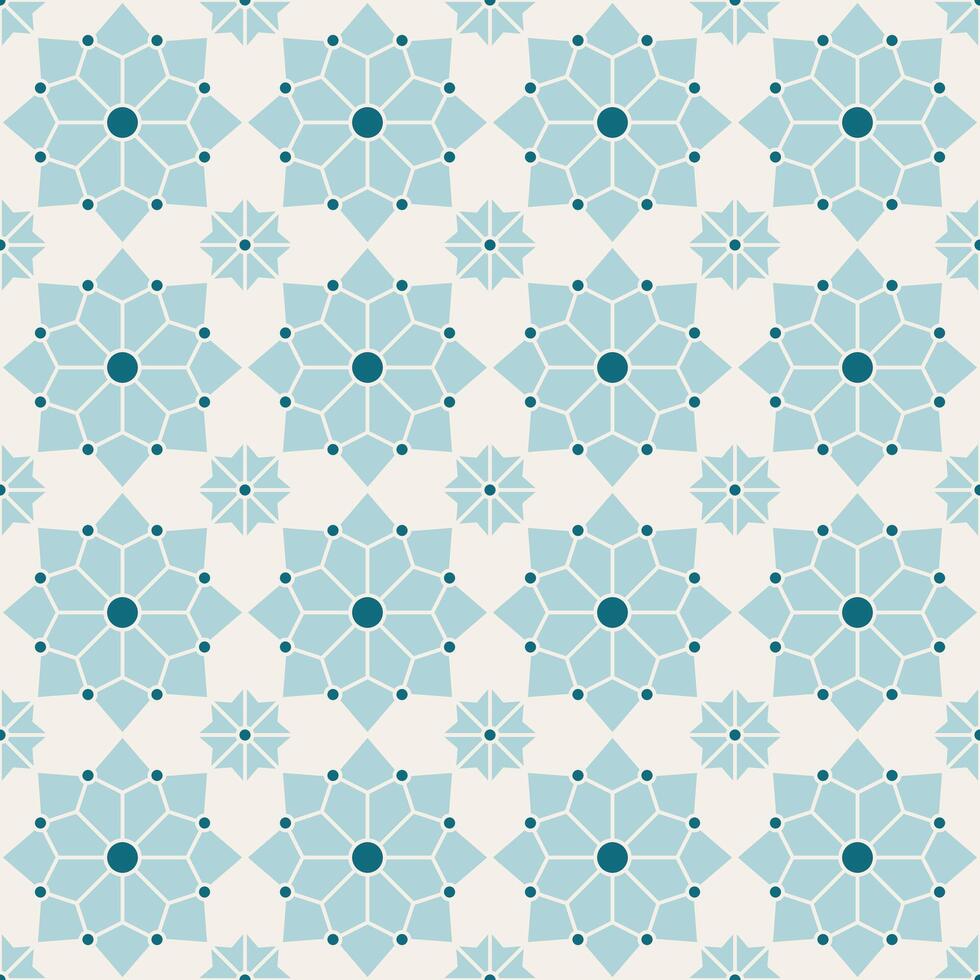 Arabisch meetkundig mozaïek- afdrukbare naadloos patroon met abstract Marokkaans afdrukken in blauw en oranje kleuren. Ramadan kareem traditioneel Islamitisch kunst illustratie achtergrond vector