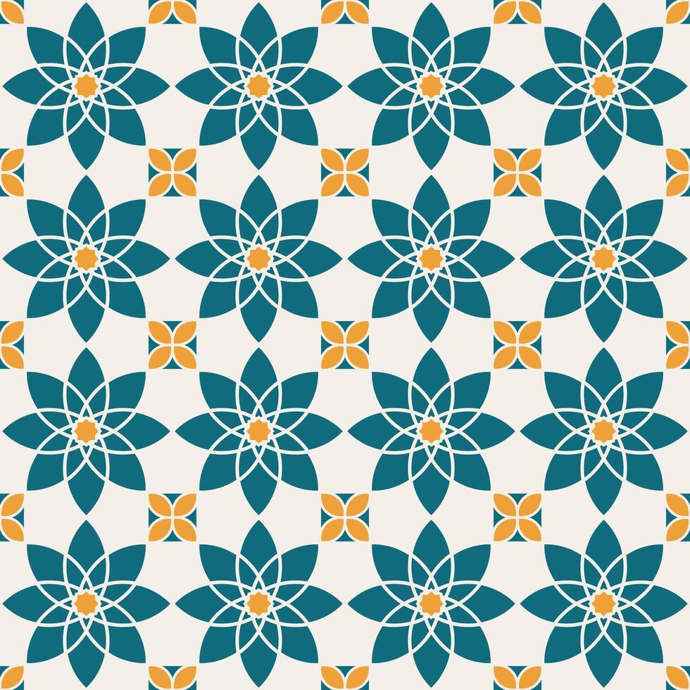 Arabisch meetkundig mozaïek- afdrukbare naadloos patroon met abstract Marokkaans afdrukken in blauw en oranje kleuren. Ramadan kareem traditioneel Islamitisch kunst illustratie achtergrond vector