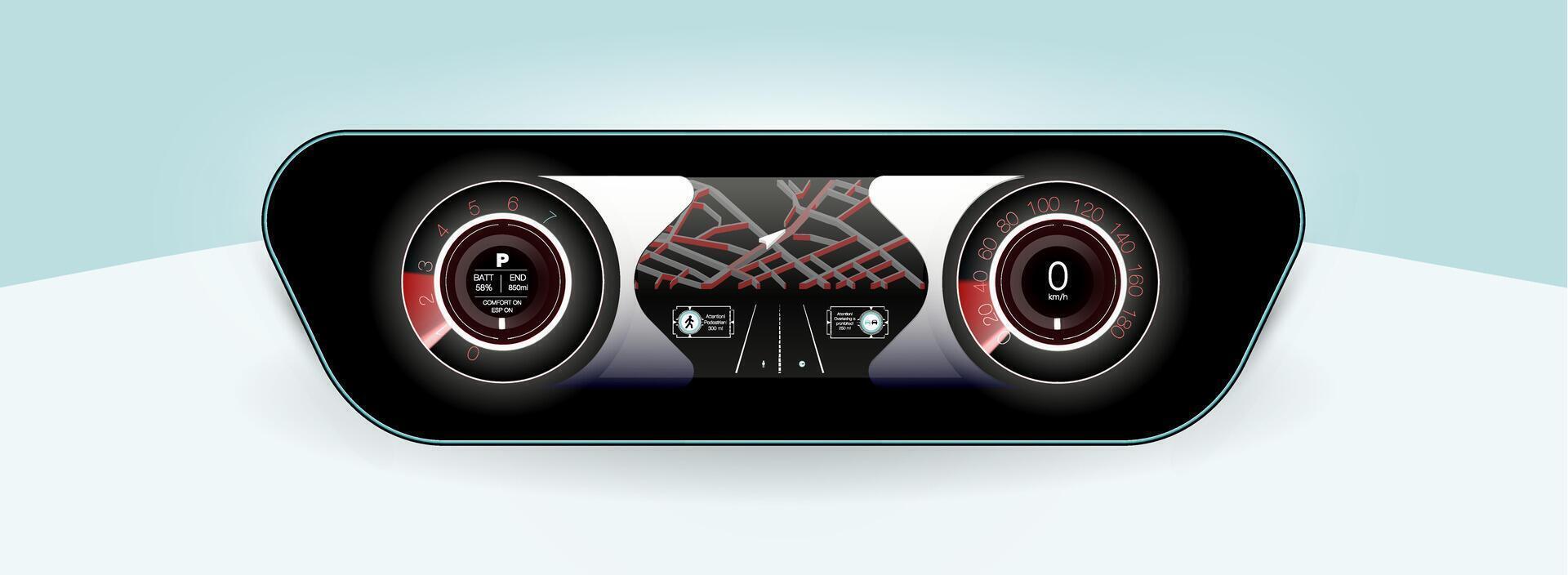 de concept auto instrument paneel, rood achtergrondverlichting en een extra Scherm instellingen van de auto. vector illustratie.