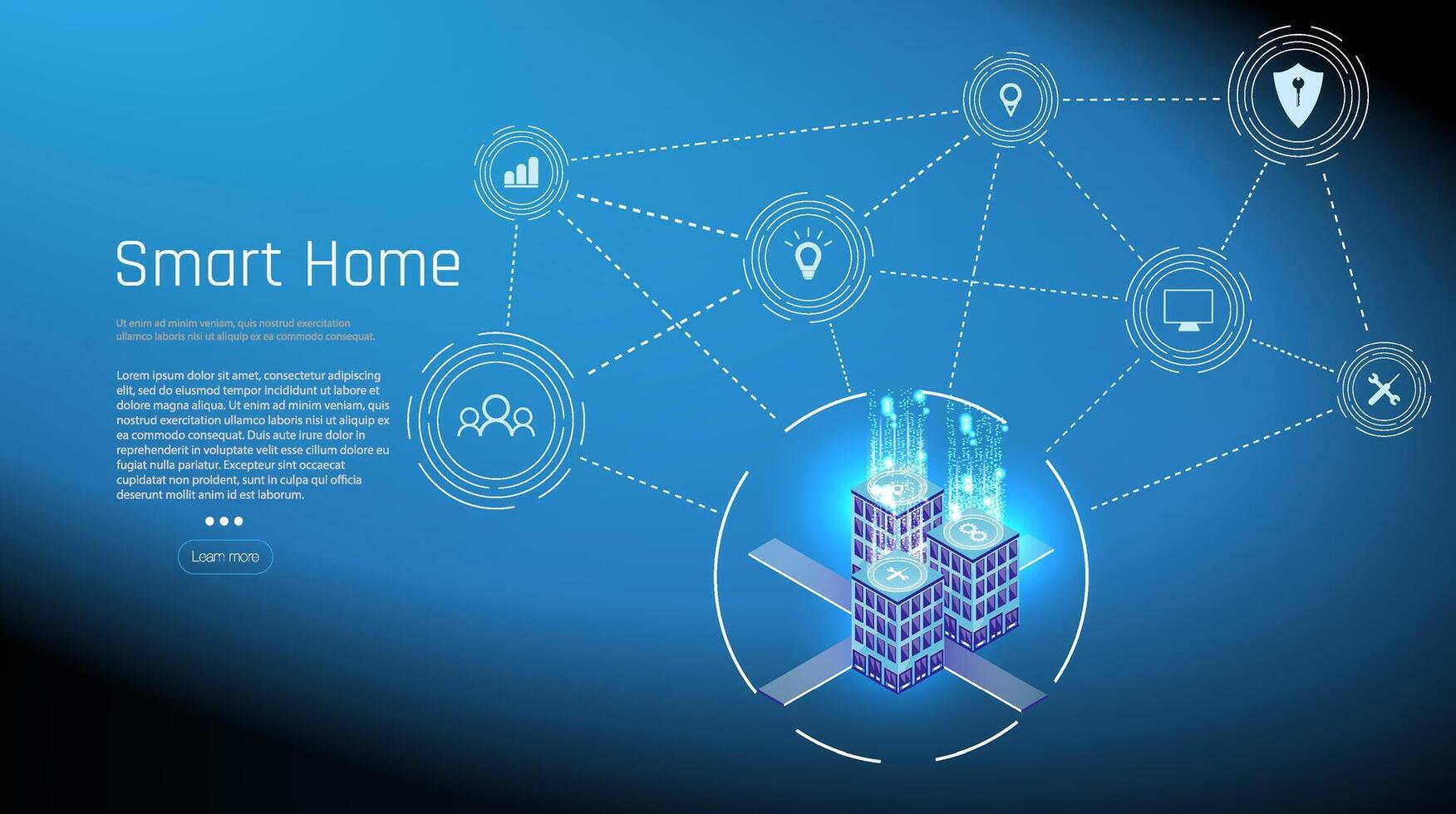 banier van slim huis technologie. de gebouw bestaat van getallen en is verbonden door pictogrammen van huishouden slim apparaten. intelligent huis beheer systeem. vector