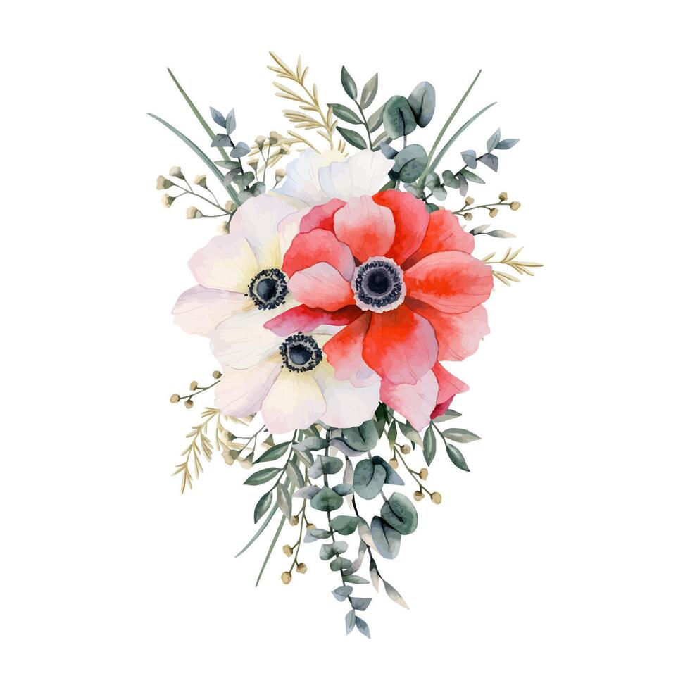 wit en rood anemonen boeket met veld- bloemen, eucalyptus en gras vector waterverf illustratie voor groet kaarten