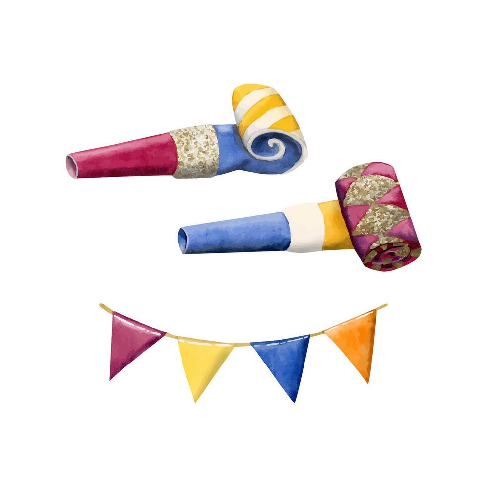 realistisch partij blazer fluitjes en feestelijk vlaggen, waterverf vector illustratie van partij hoorns in blauw, magenta, goud, oranje