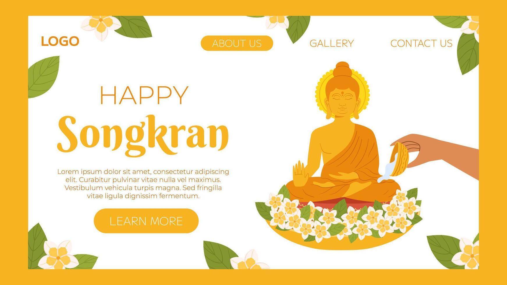 songkran, Boeddha water ceremonie. hand- gieten water de monnik beeldhouwwerk. Thailand nieuw jaar. vector landen bladzijde website sjabloon in vlak stijl voor vieren.