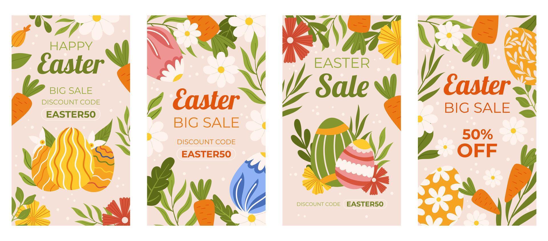 Pasen Promotie verzameling van verticaal sociaal media sjabloon. ontwerp met wortels en bloemen, geschilderd eieren. hand- getrokken voorjaar uitverkoop set. vector