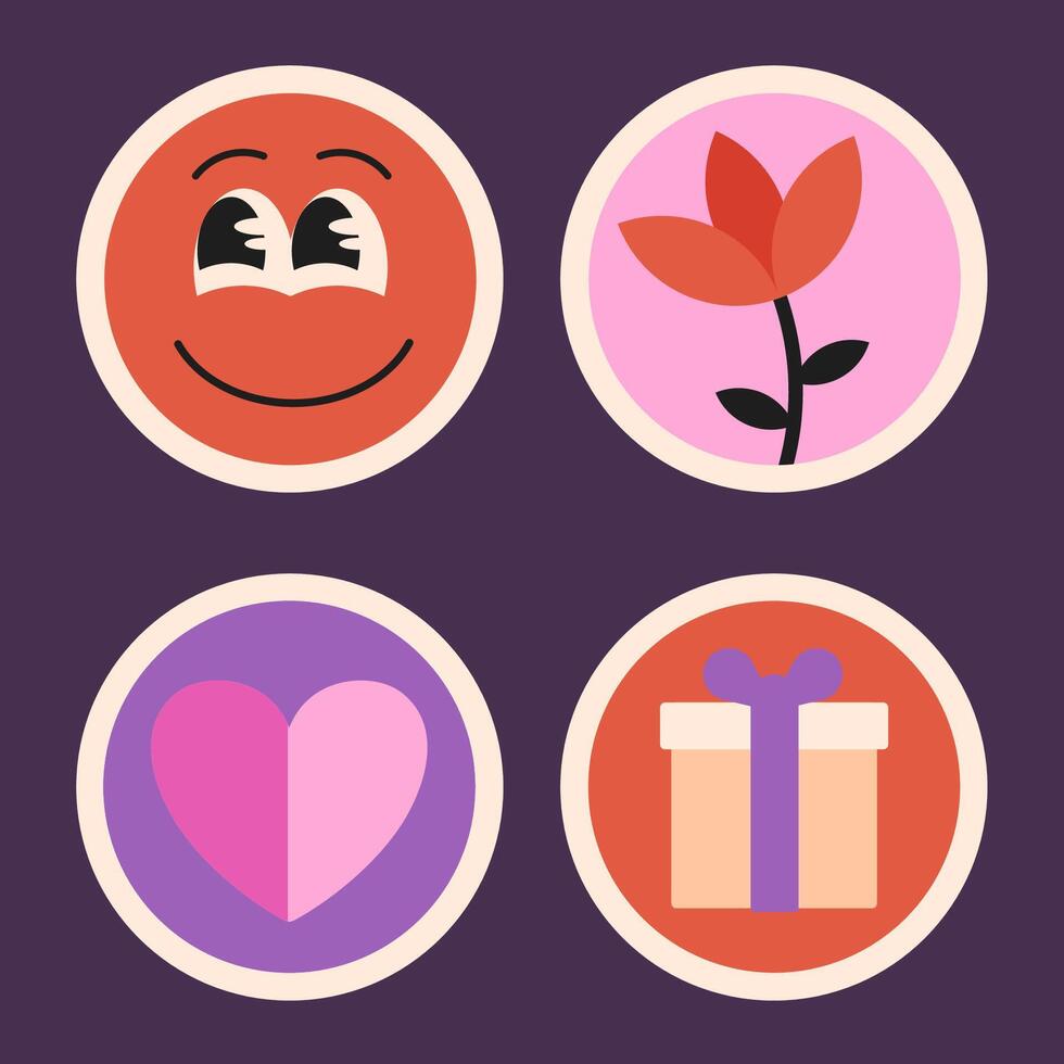 reeks van Valentijn dag pictogrammen, ronde vlak stickers met romantisch symbolen, bloem en karakters. vector illustratie.