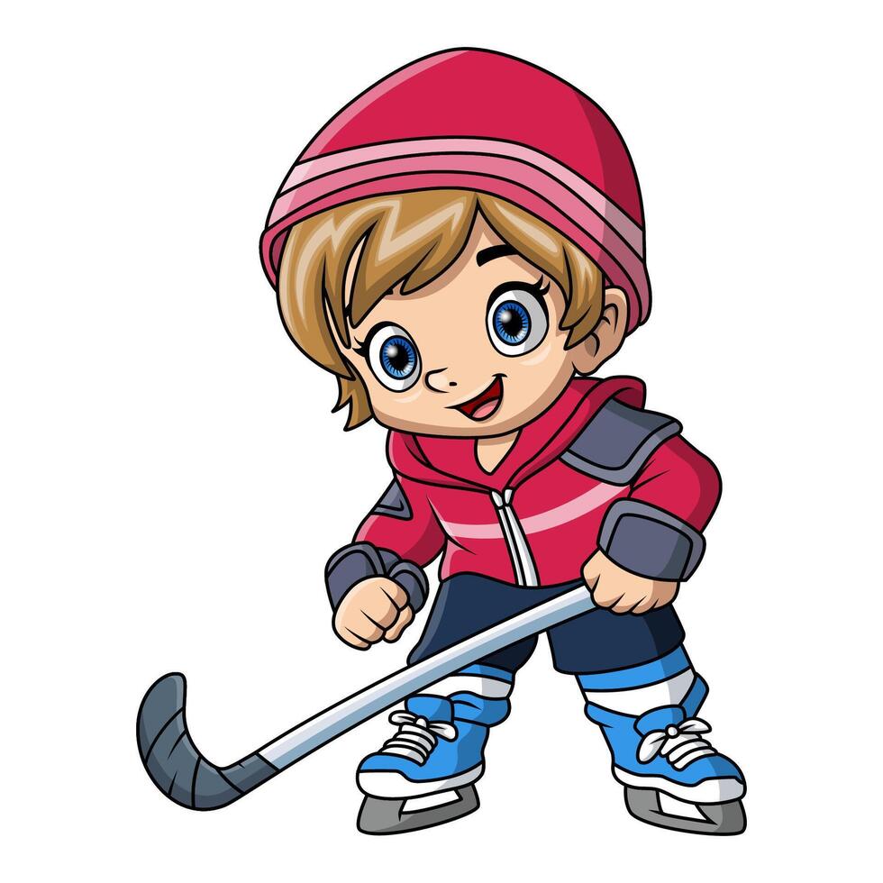 schattig weinig jongen tekenfilm spelen ijs hockey vector