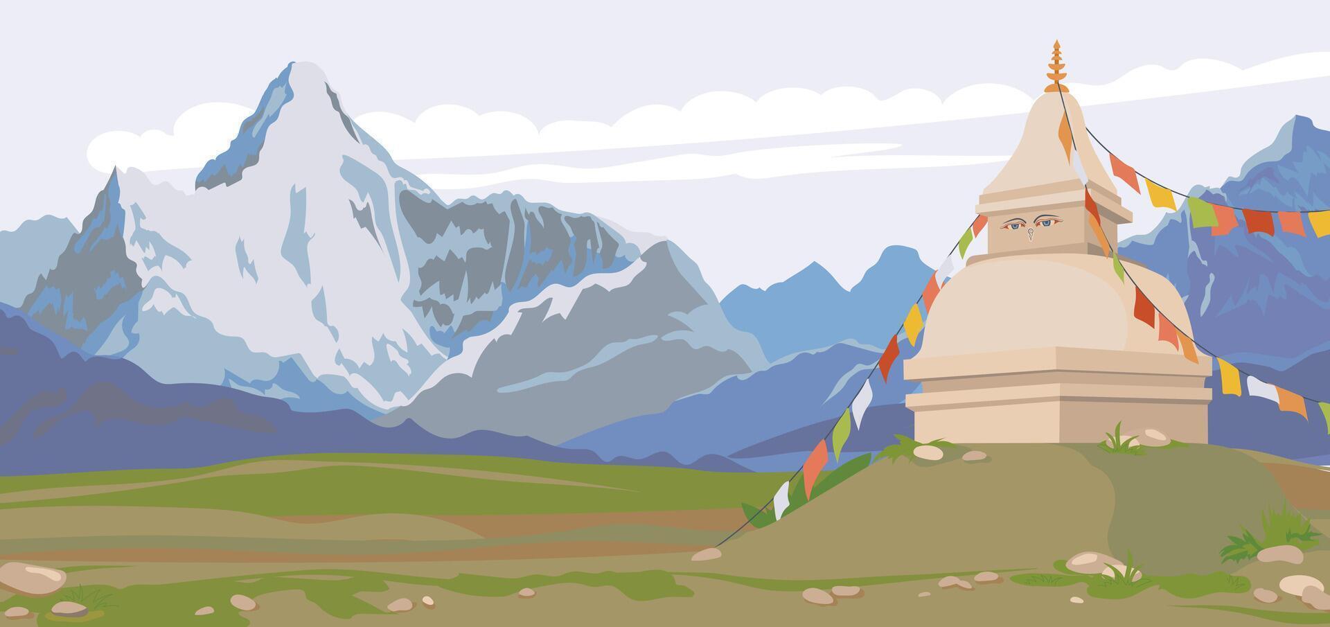 visie van de Himalaya, boeddhistisch stoepa versierd met vlaggen. berg horizontaal landschap van Nepal. vector illustratie, vlak stijl. religieus plaats van aanbidden en gebed.