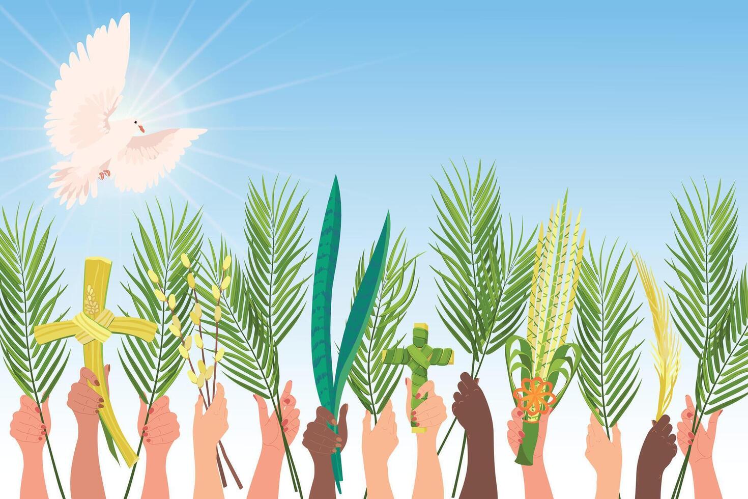 palm zondag feesten. handen van mensen van verschillend nationaliteiten zijn verheven met palm takken, sansevieria en een kruis. wit duif in de lucht, de belichaming van de heilig geest. vector. tekenfilm. vector