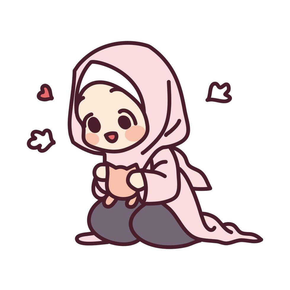 schattig een moslim meisje en een kat cartoon afbeelding vector