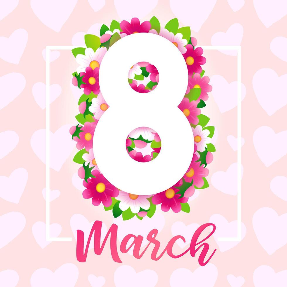 maart 8, gelukkig vrouwen dag elegant Proficiat. bloemen papier aantal acht. netwerk poster vector
