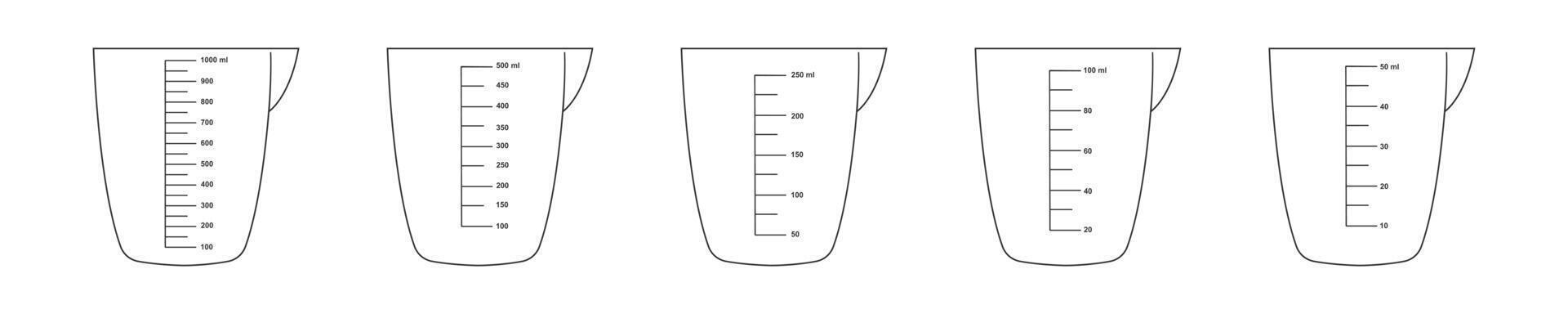 reeks van meten cups met 1 liter, 500, 250, 100 en 50 ml vloeistof volume schaal. vloeistof containers voor voorbereidingen treffen Koken vector