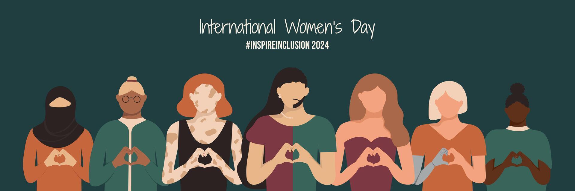 inspirereninclusie 2024 Internationale vrouwen dag banier Aan donker achtergrond. multiraciaal groep gehandicapt, verschillend figuur, leeftijden en kleur. verscheidenheid meisjes met prothese en vitiligo. vector