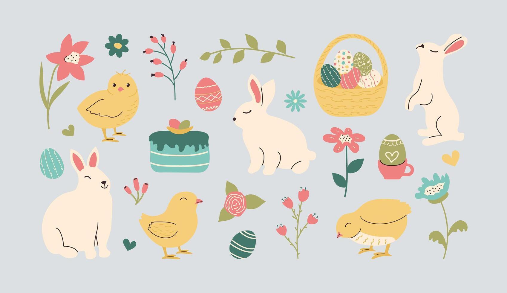 reeks van hand- getrokken Pasen karakters. schattig kippen en konijntjes in tekening stijl. helder taart en veelkleurig gevormde eieren in mand in hand getekend stijl. gelukkig voorjaar vakantie minimalistisch bloemen. vector