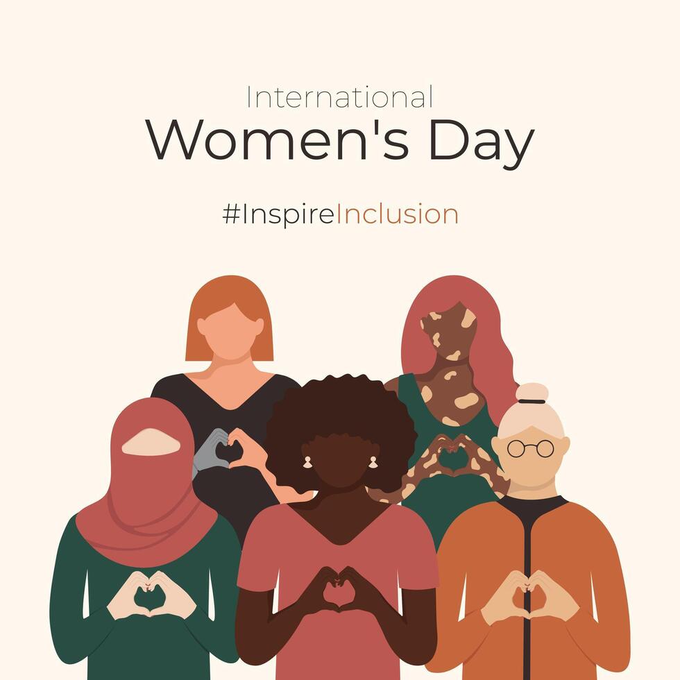 verschillend Dames met hartvormig handen staan samen voor berichten Aan sociaal media. inspirereninclusie Internationale vrouwen dag 2024 groet kaart. minimalistische plein posters met inspireren inclusie slogan. vector