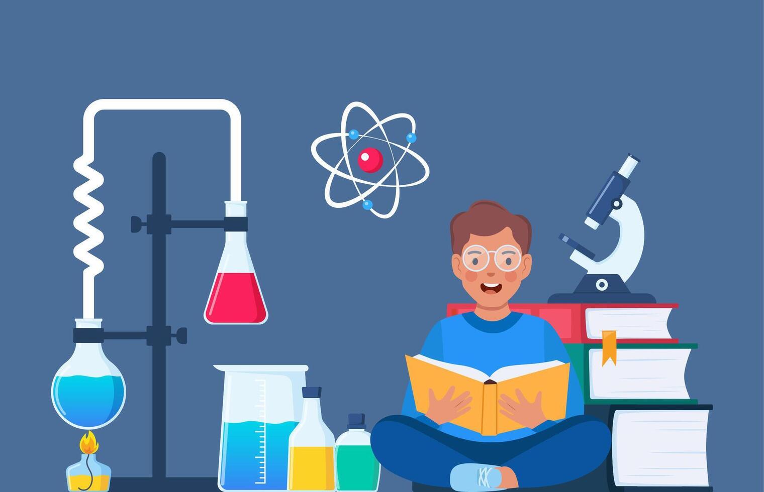 weinig kind aan het studeren chemie. scheikundige werkplaats met boeken en laboratorium apparatuur. Onderzoek en verkenning. studies in chemie. vector illustratie.