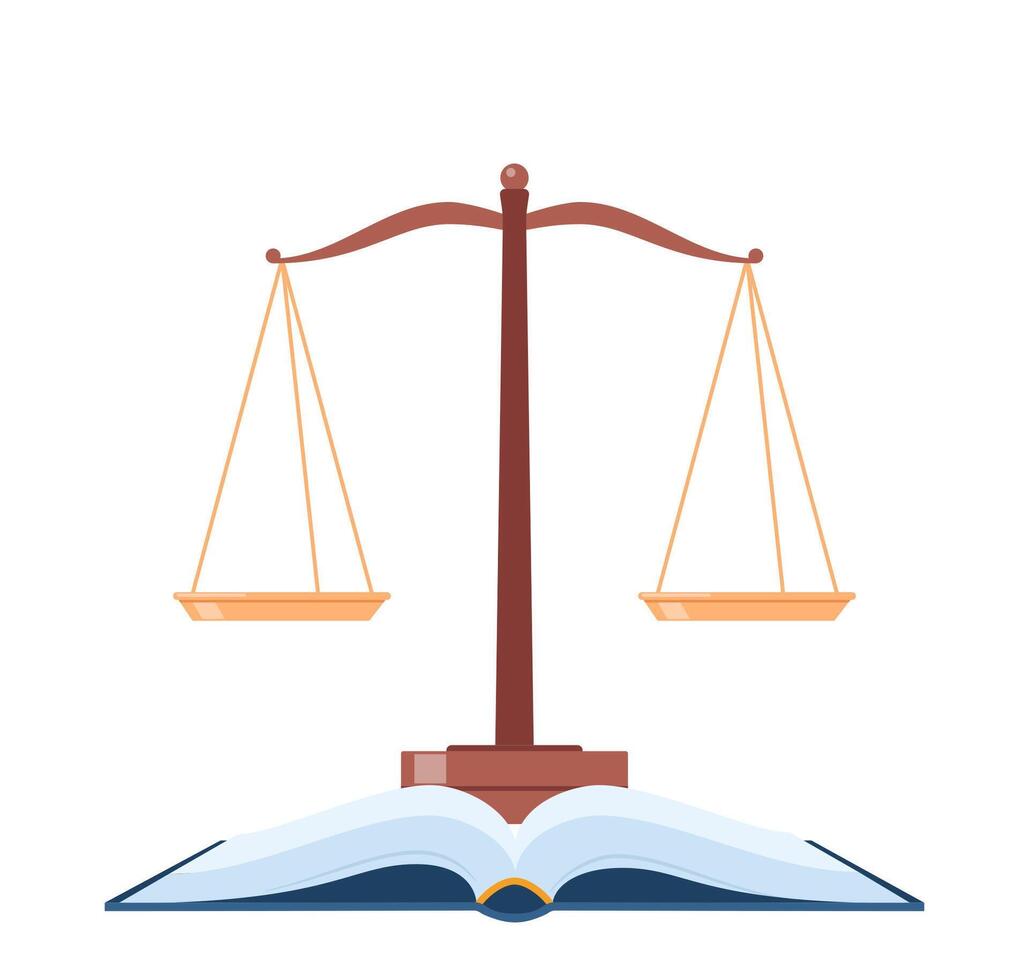 balans en Open boek. balans van wet en gerechtigheid voor gewicht van wettelijk rechter. advocaat Gelijk weegschaal voor symbool in vlak voor rechtbank. vector illustratie.