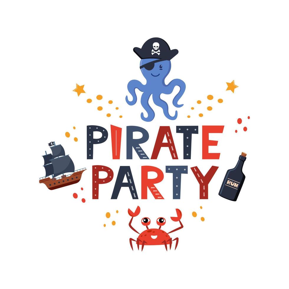 vector illustratie piraat partij belettering met Octopus in piraat hoed, schip, rum, krab. kinderen logo embleem. textiel kleding stof afdrukken. vector illustratie.