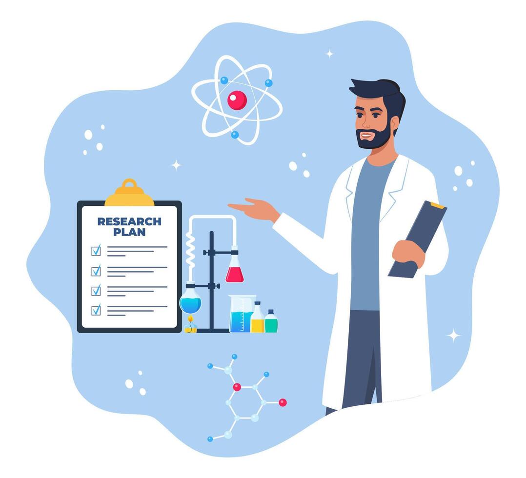 chemicus wetenschapper, kolven, flesjes, test buizen. chemisch laboratorium Onderzoek plan Aan klembord. atoom teken. biologisch chemisch verbindingen formules. chemie concept vector illustratie.