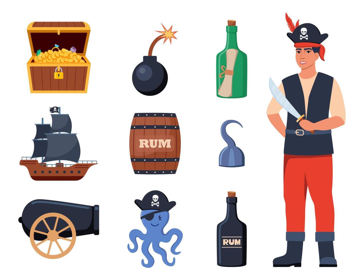 piraat elementen set. piraten thema illustraties met schip, gezagvoerder, borst, kaart, papegaai, rum, kanonskogel. grappig piraat partij pictogrammen. vector illustratie.