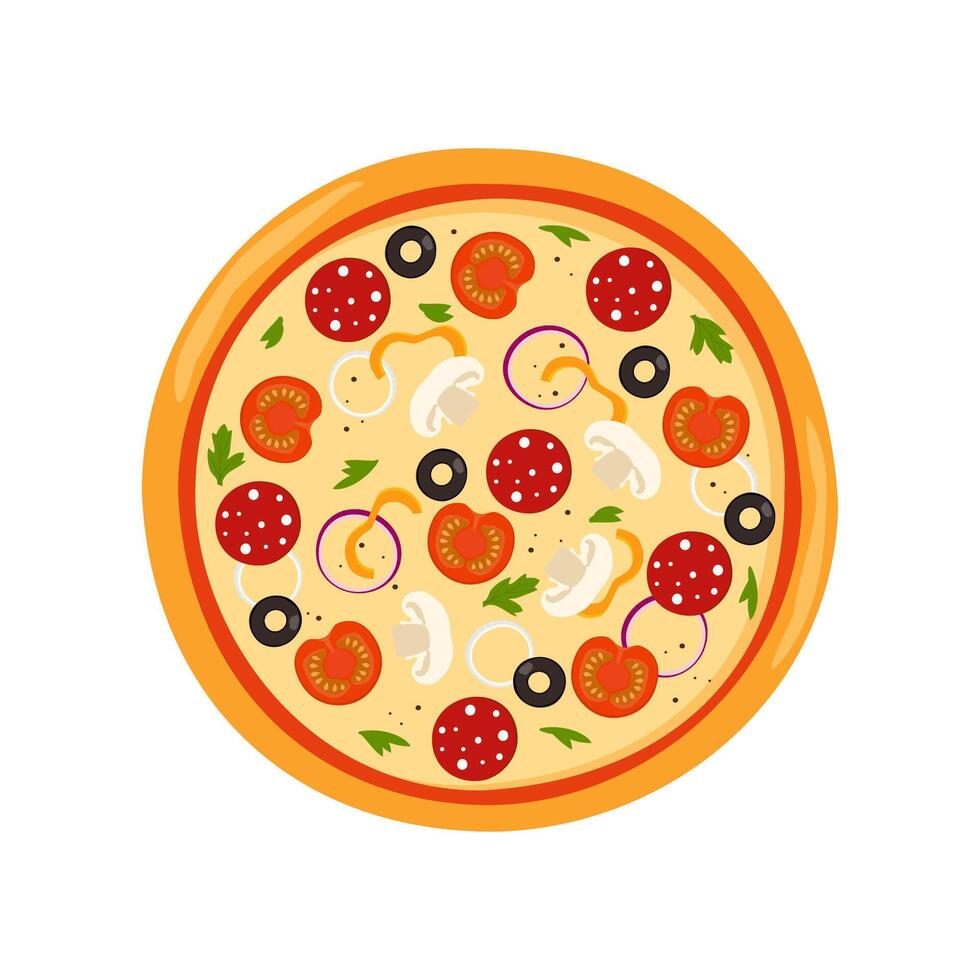 vers ronde pizza met tomaat, kaas, olijf, worst, ui, basilicum. traditioneel Italiaans snel voedsel. top visie maaltijd. vector illustratie.