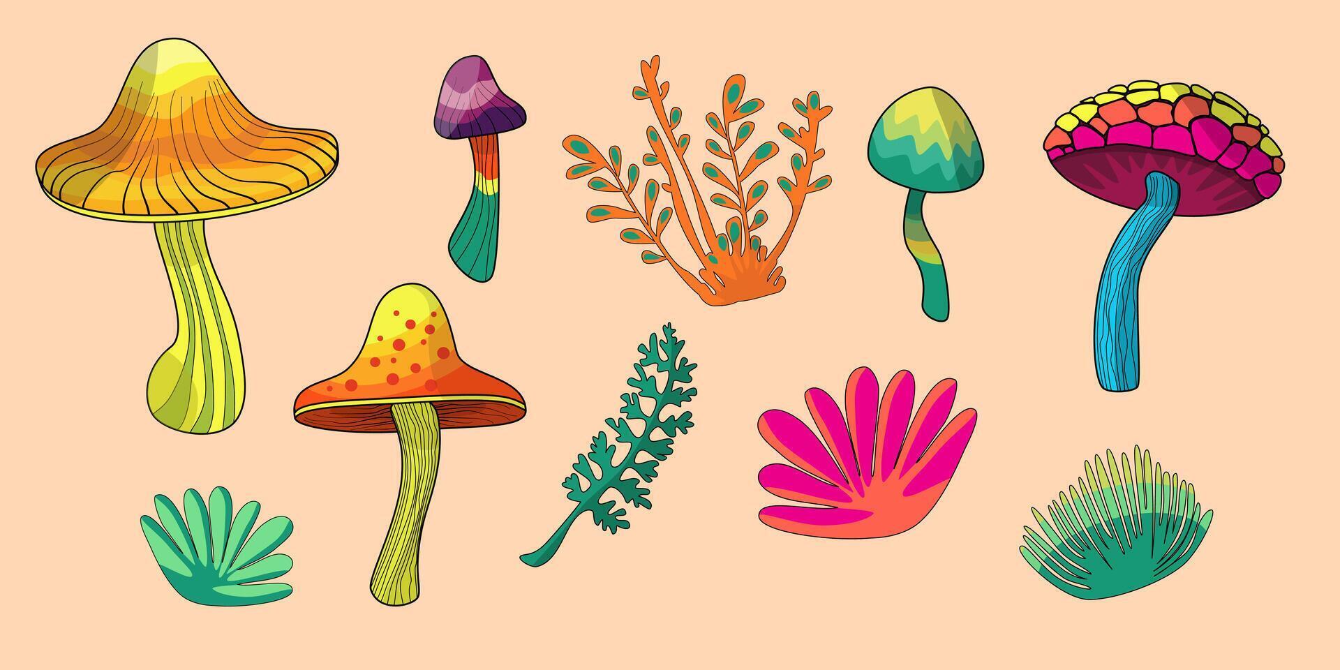 vector reeks in gemakkelijk vlak retro stijl van helder neon magie champignons van luxe vorm en magie planten Aan een perzik achtergrond.