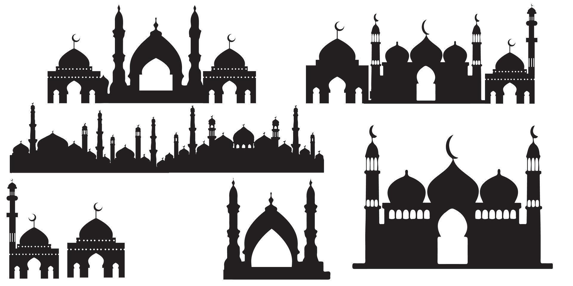 reeks van eid mubarak nacht moskee silhouet voor Ramadan ontwerp vector