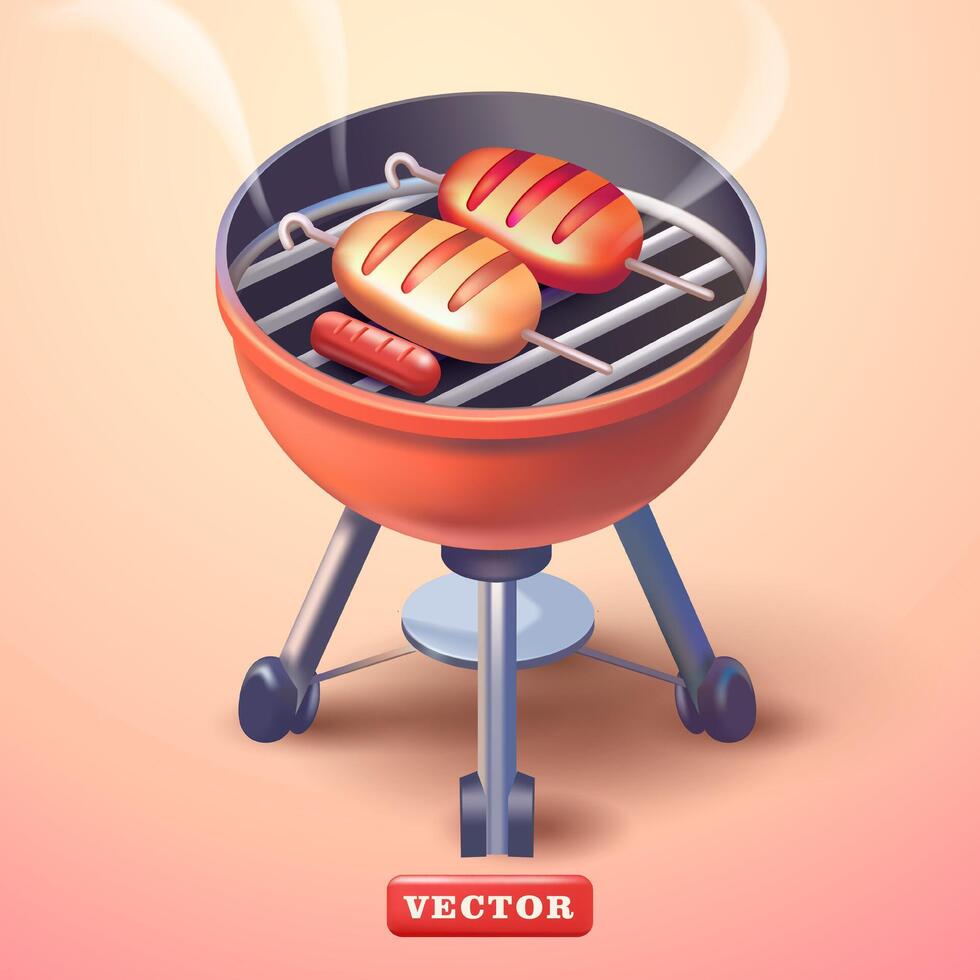 bbq rooster met heerlijk vlees elementen, 3d vector. geschikt voor picknicks, feesten, familie en bedrijf evenementen vector