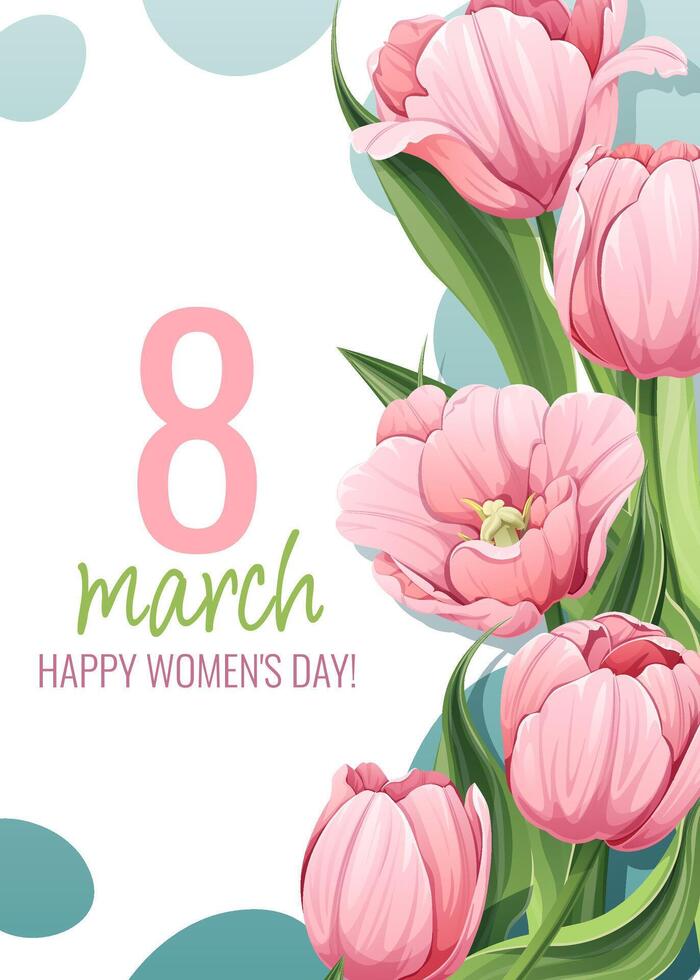 groet kaart voor Internationale vrouwen dag. poster met roze tulpen voor maart 8e. vector sjabloon met voorjaar boeket